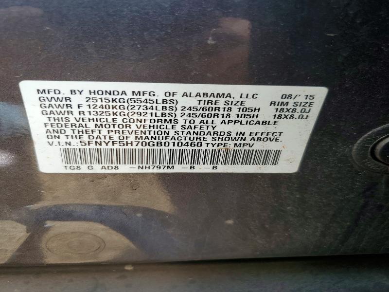 Photo 14 from auction – 2016 HONDA PILOT with VIN 5FNYF5H70GB010460