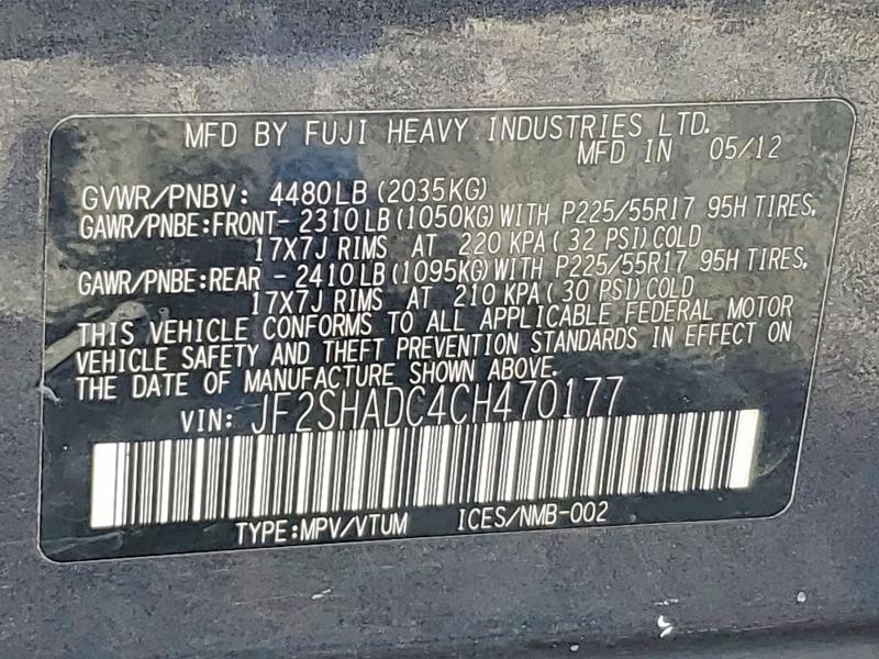 Photo 14 from auction – 2012 SUBARU FORESTER with VIN JF2SHADC4CH470177