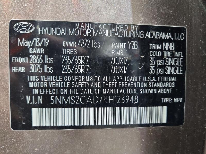 Photo 14 from auction – 2019 HYUNDAI SANTA FE with VIN 5NMS2CAD7KH123948