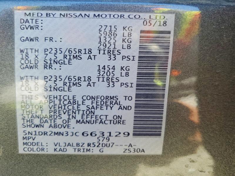 Photo 14 from auction – 2018 NISSAN PATHFINDER with VIN 5N1DR2MN3JC663129