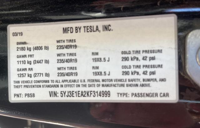 Photo 10 from auction – 2019 TESLA MODEL 3 with VIN 5YJ3E1EA2KF314999