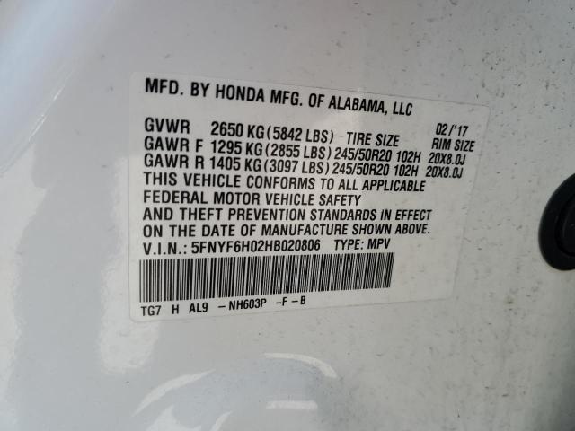 Photo 14 from auction – 2017 HONDA PILOT ELIT with VIN 5FNYF6H02HB020806
