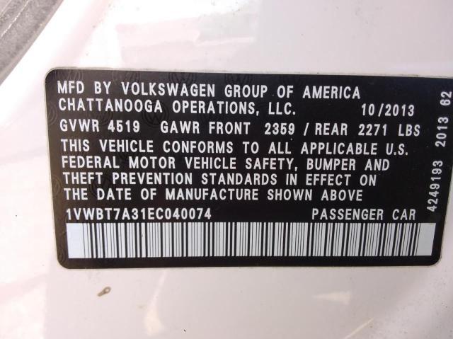 Photo 10 from auction – 2014 VOLKSWAGEN PASSAT SE with VIN 1VWBT7A31EC040074