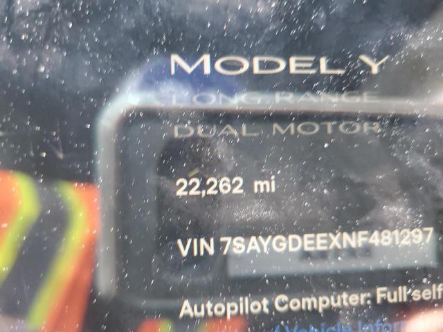 Photo 9 from auction – 2022 TESLA MODEL Y with VIN 7SAYGDEEXNF481297