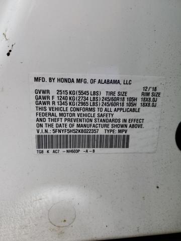 Photo 14 from auction – 2019 HONDA PILOT EXL with VIN 5FNYF5H52KB022357