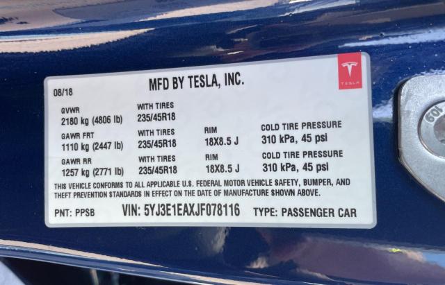Photo 10 from auction – 2018 TESLA MODEL 3 with VIN 5YJ3E1EAXJF078116