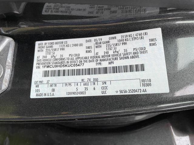 Photo 10 from auction – 2019 FORD ESCAPE SEL with VIN 1FMCU9HD5KUC05477