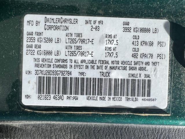 Photo 10 from auction – 2003 DODGE RAM 2500 S with VIN 3D7KU28D93G792784