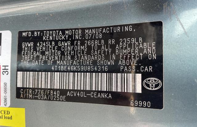 Photo 10 from auction – 2009 TOYOTA CAMRY BASE with VIN 4T1BE46K59U854316