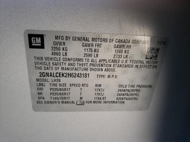 Photo 14 from auction – 2017 CHEVROLET EQUINOX LT with VIN 2GNALCEK2H6243181