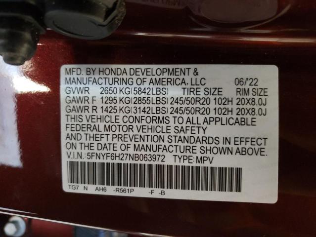 Photo 14 from auction – 2022 HONDA PILOT SE with VIN 5FNYF6H27NB063972