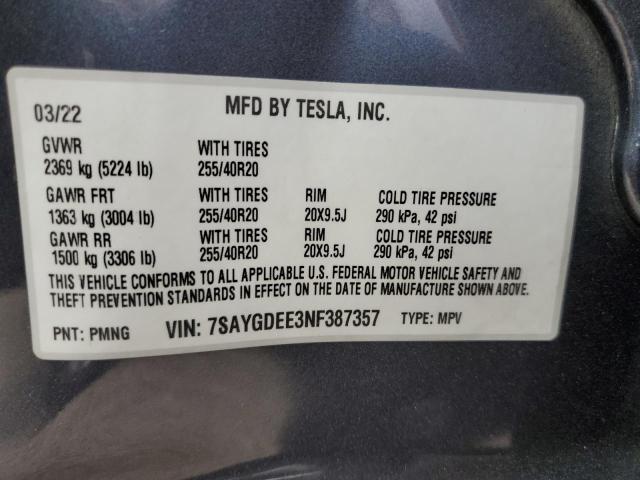 Photo 14 from auction – 2022 TESLA MODEL Y with VIN 7SAYGDEE3NF387357