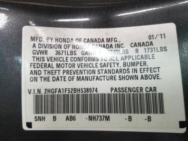 Photo 10 from auction – 2011 HONDA CIVIC LX with VIN 2HGFA1F52BH538974