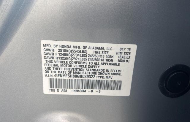 Photo 10 from auction – 2016 HONDA PILOT EXL with VIN 5FNYF5H80GB039322