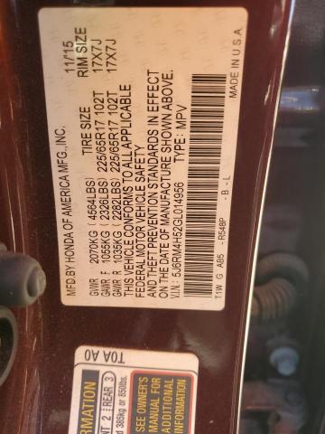 Photo 14 from auction – 2016 HONDA CR-V EX with VIN 5J6RM4H52GL014956
