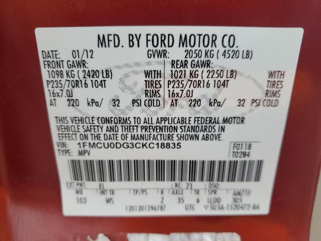 Photo 14 from auction – 2012 FORD ESCAPE XLT with VIN 1FMCU0DG3CKC18835
