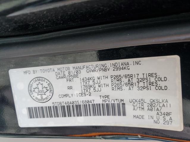 Photo 14 from auction – 2003 TOYOTA SEQUOIA LI with VIN 5TDBT48A03S168047