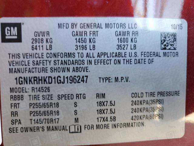 Photo 14 from auction – 2016 CHEVROLET TRAVERSE L with VIN 1GNKRHKD1GJ196247