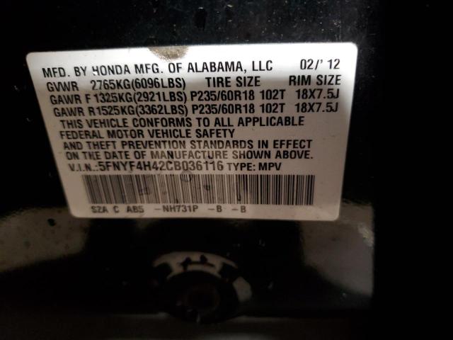 Photo 14 from auction – 2012 HONDA PILOT EX with VIN 5FNYF4H42CB036116