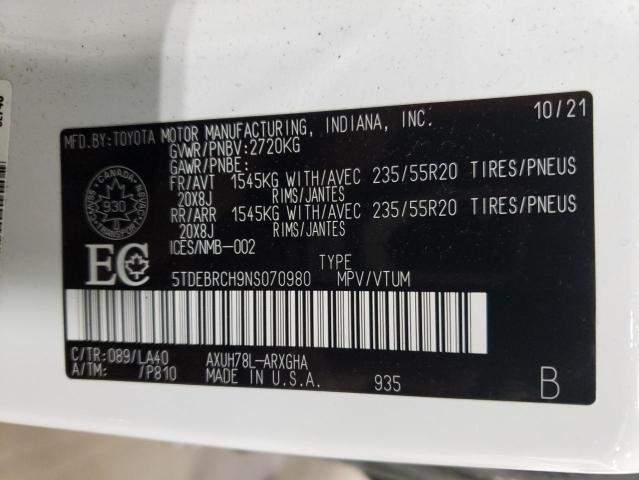 Photo 14 from auction – 2022 TOYOTA HIGHLANDER with VIN 5TDEBRCH9NS070980