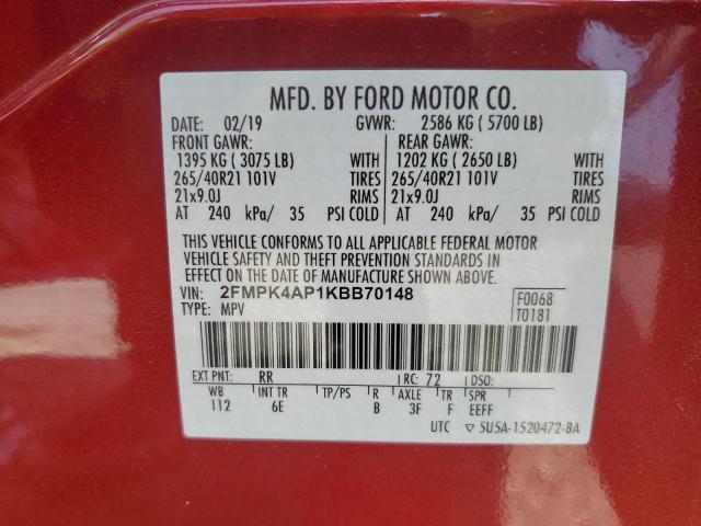 Photo 14 from auction – 2019 FORD EDGE ST with VIN 2FMPK4AP1KBB70148