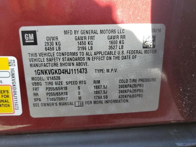 Photo 14 from auction – 2017 CHEVROLET TRAVERSE L with VIN 1GNKVGKD4HJ111473