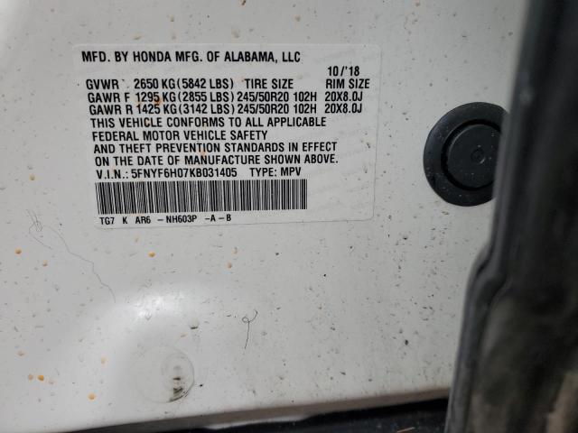 Photo 14 from auction – 2019 HONDA PILOT ELIT with VIN 5FNYF6H07KB031405
