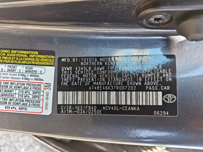 Photo 10 from auction – 2007 TOYOTA CAMRY CE with VIN 4T4BE46K37R007202