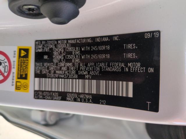 Photo 14 from auction – 2019 TOYOTA HIGHLANDER with VIN 5TDBZRFH4KS730588