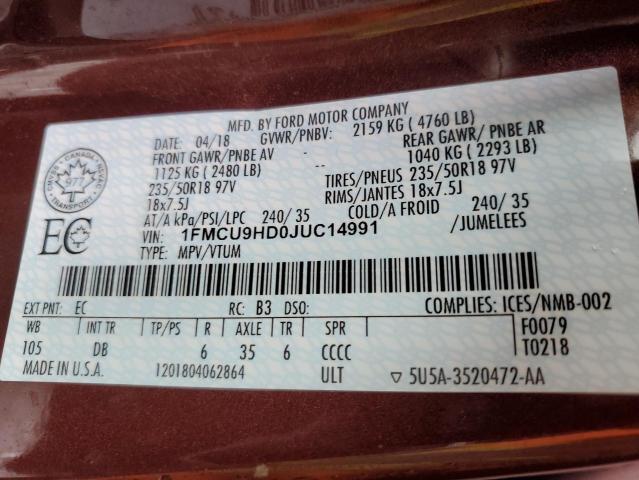 Photo 14 from auction – 2018 FORD ESCAPE SEL with VIN 1FMCU9HD0JUC14991