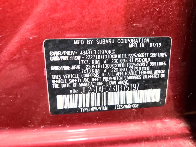 Photo 14 from auction – 2019 SUBARU CROSSTREK with VIN JF2GTAEC4KH375197