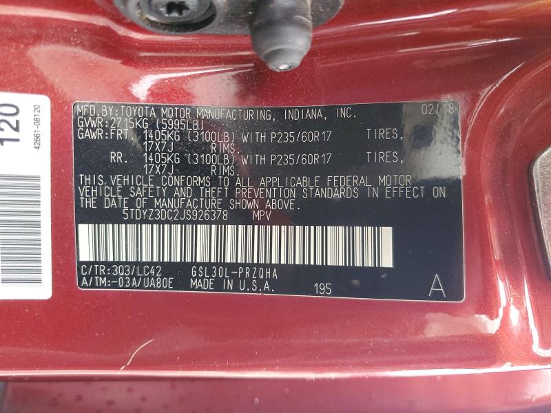 Photo 14 from auction – 2018 TOYOTA SIENNA with VIN 5TDYZ3DC2JS926378