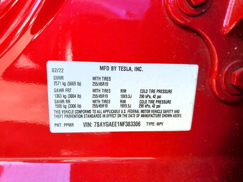 Photo 14 from auction – 2022 TESLA MODEL Y with VIN 7SAYGAEE1NF383306