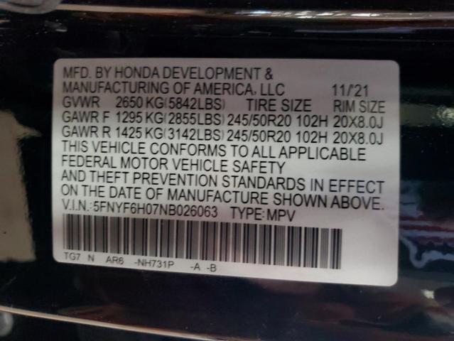Photo 14 from auction – 2022 HONDA PILOT ELIT with VIN 5FNYF6H07NB026063