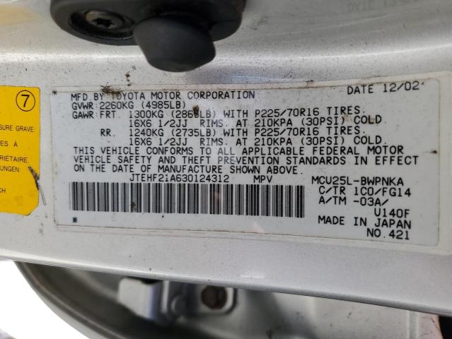 Photo 10 from auction – 2003 TOYOTA HIGHLANDER with VIN JTEHF21A630124312