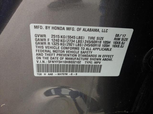 Photo 10 from auction – 2017 HONDA PILOT LX with VIN 5FNYF5H10HB032102