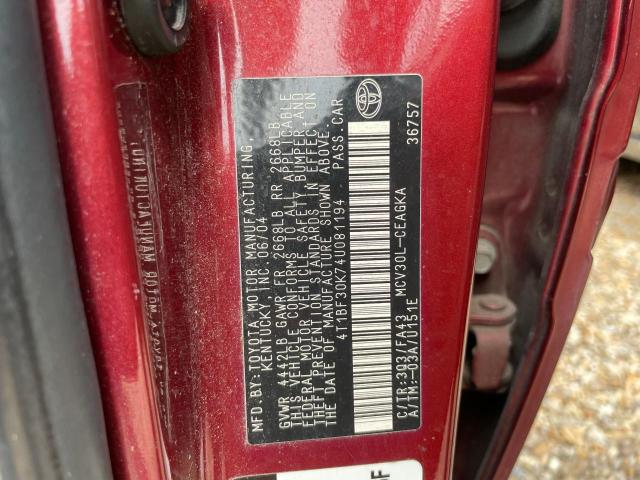 Photo 10 from auction – 2004 TOYOTA CAMRY LE with VIN 4T1BF30K74U081194