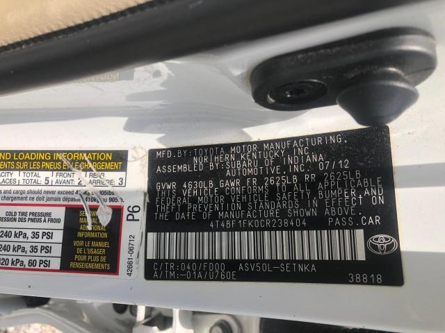 Photo 10 from auction – 2012 TOYOTA CAMRY BASE with VIN 4T4BF1FK0CR238404