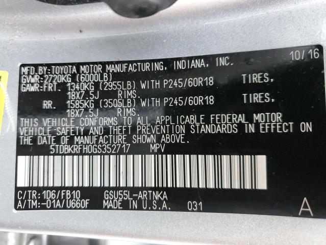 Photo 14 from auction – 2016 TOYOTA HIGHLANDER with VIN 5TDBKRFH0GS352717