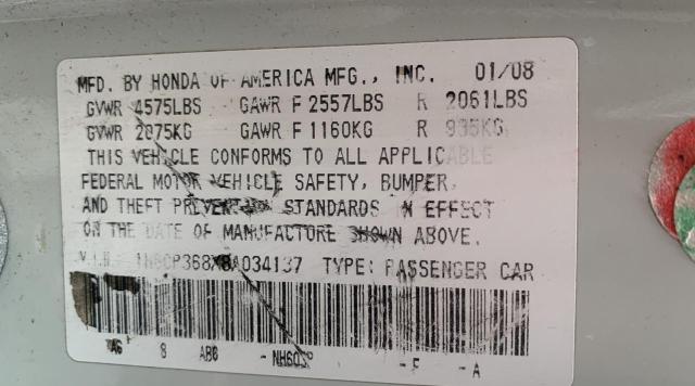 Photo 10 from auction – 2008 HONDA ACCORD EXL with VIN 1HGCP368X8A034137
