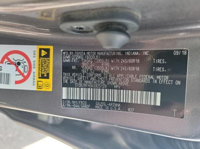 Photo 10 from auction – 2019 TOYOTA HIGHLANDER with VIN 5TDBZRFH5KS925129