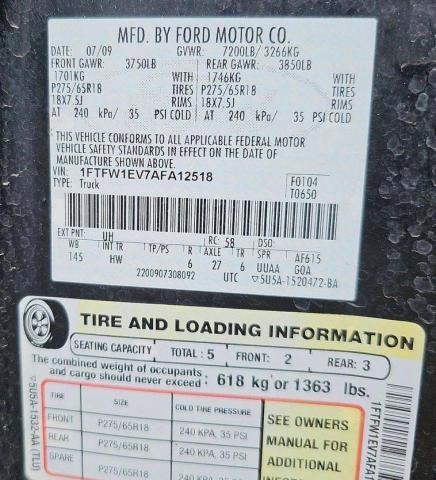 Photo 10 from auction – 2010 FORD F150 SUPER with VIN 1FTFW1EV7AFA12518