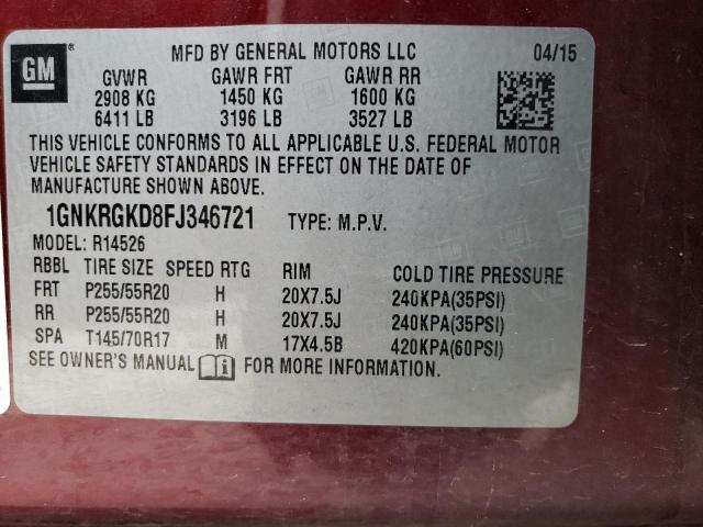 Photo 14 from auction – 2015 CHEVROLET TRAVERSE L with VIN 1GNKRGKD8FJ346721