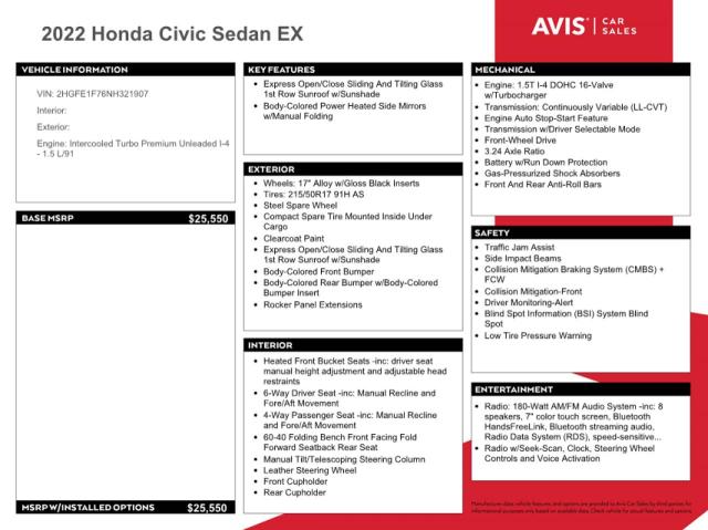 Photo 12 from auction – 2022 HONDA CIVIC EX with VIN 2HGFE1F76NH321907