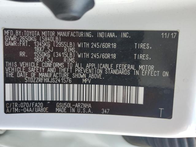 Photo 14 from auction – 2018 TOYOTA HIGHLANDER with VIN 5TDZZRFHXJS241576