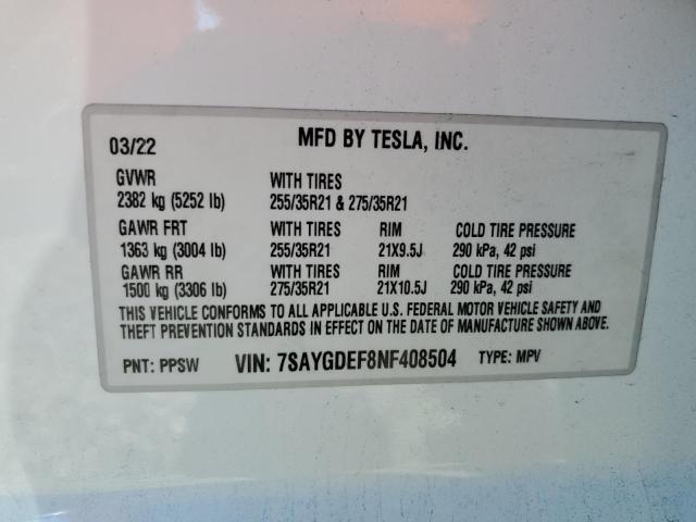 Photo 14 from auction – 2022 TESLA MODEL Y with VIN 7SAYGDEF8NF408504