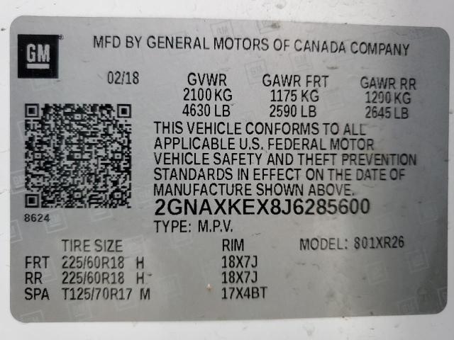 Photo 14 from auction – 2018 CHEVROLET EQUINOX LT with VIN 2GNAXKEX8J6285600