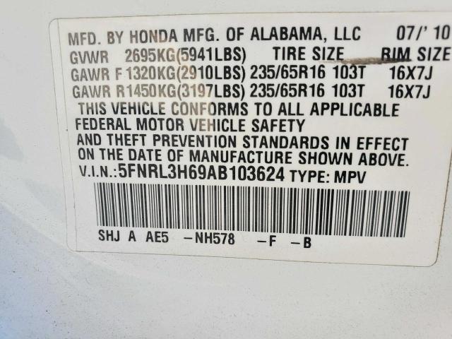Photo 10 from auction – 2010 HONDA ODYSSEY EX with VIN 5FNRL3H69AB103624