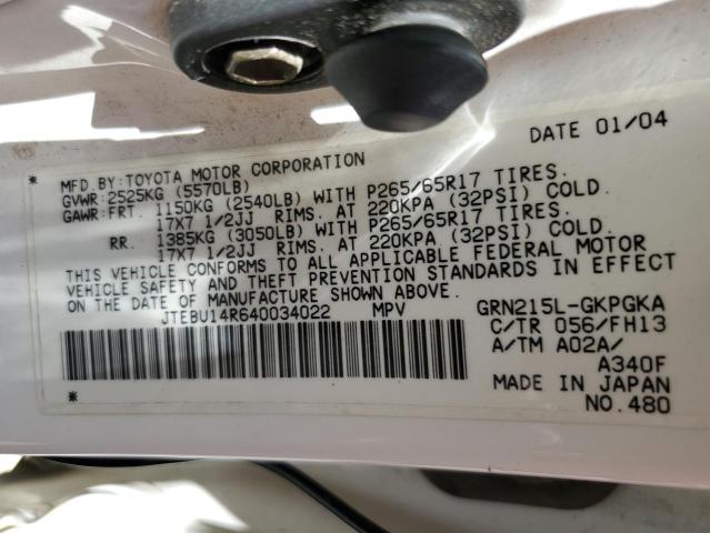 Photo 14 from auction – 2004 TOYOTA 4RUNNER SR with VIN JTEBU14R640034022