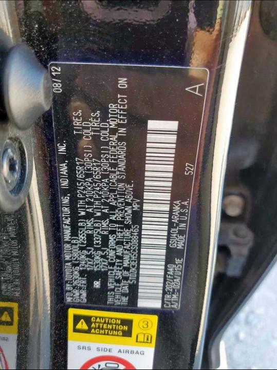 Photo 10 from auction – 2012 TOYOTA HIGHLANDER with VIN 5TDZK3EH5CS088465